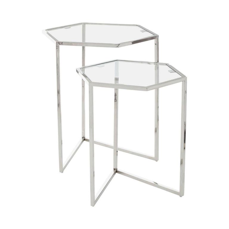 Herber Nest of 2 Tables - Hexagon - Clear Glass with Silver Metal