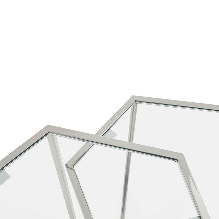 Herber Nest of 2 Tables - Hexagon - Clear Glass with Silver Metal