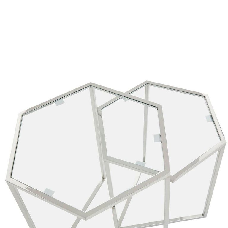 Herber Nest of 2 Tables - Hexagon - Clear Glass with Silver Metal