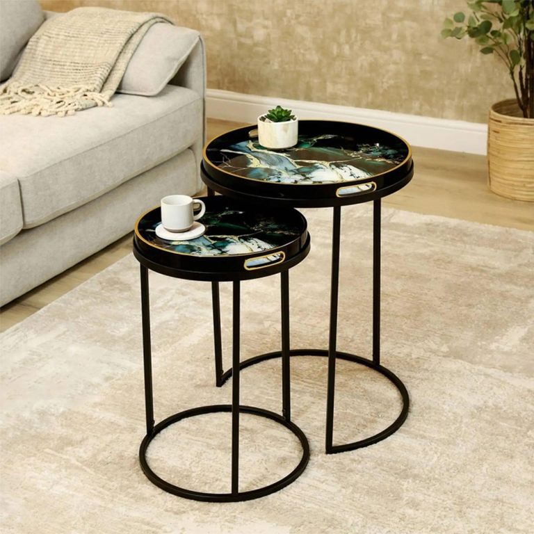 Nest of Tables - Olin - Black and Teal Green Glass - Round - Set of 2