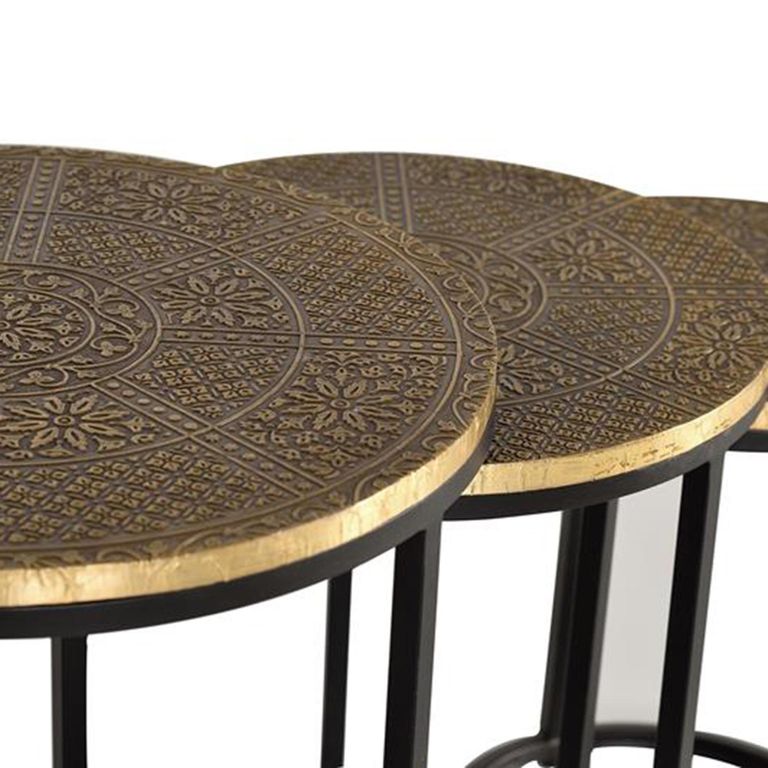 Wampembe Nest of Tables - Carved Bronze Metal - Round - Set of 3