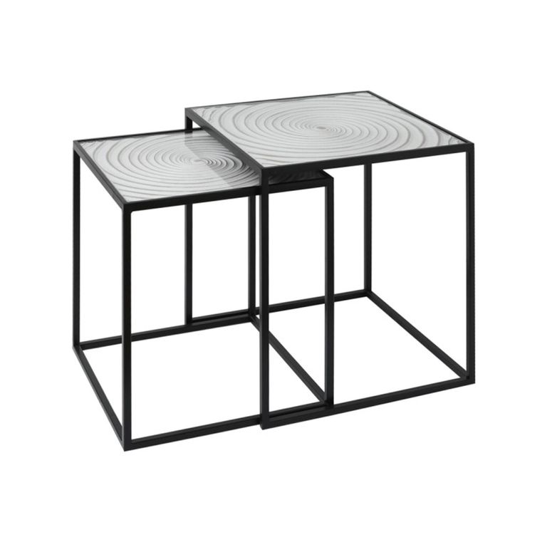 Nest of 2 Tables - Square - White Glass and Black Metal