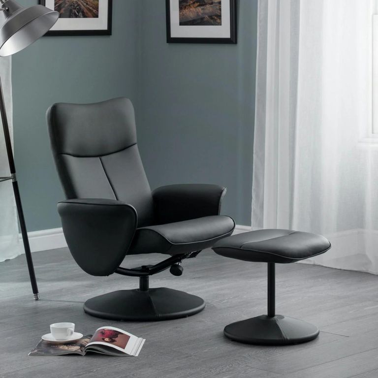 Lugano Black Faux Leather Recline Chair - with Footstool
