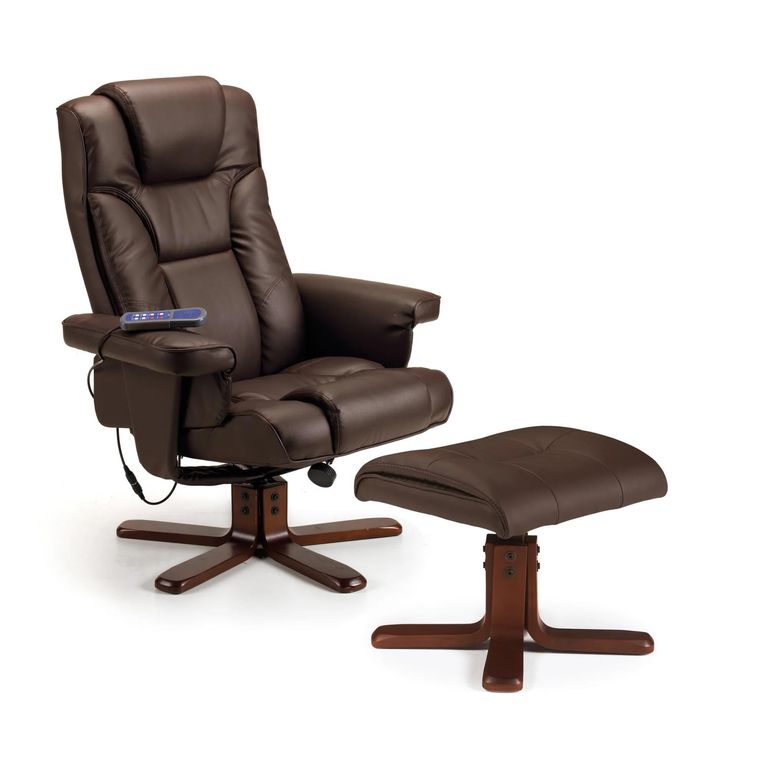 Malmo Brown Faux Leather Recliner Chair - with Walnut Legs Footstool