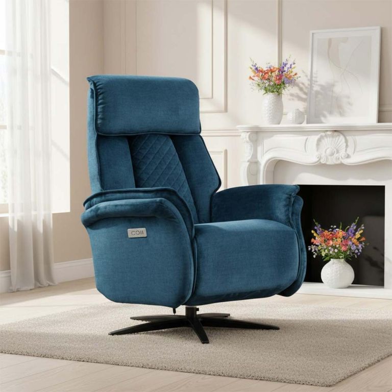 Evoque Swivel Electric Recliner Armchair - Blue Fabric