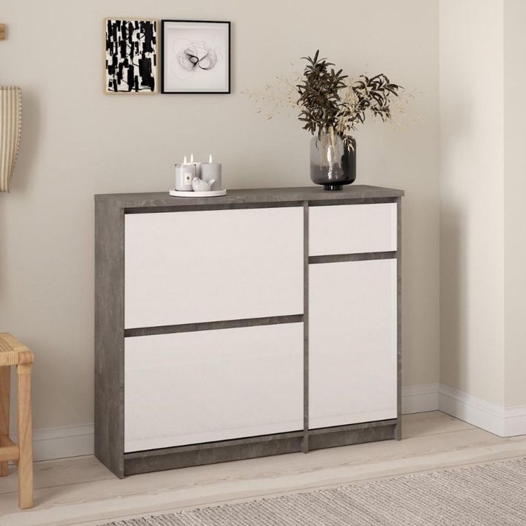 Naia Shoe Cabinet - 3 Door - 1 Drawer - Concrete and White Gloss