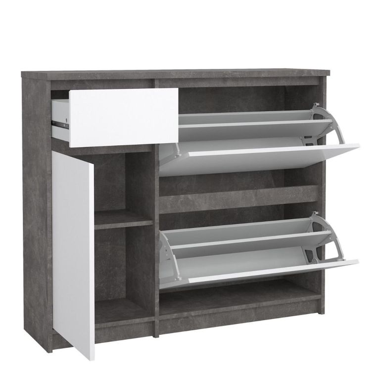 Naia Shoe Cabinet - 3 Door - 1 Drawer - Concrete and White Gloss