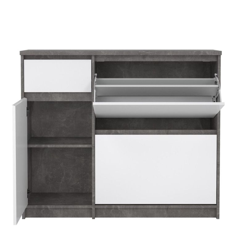Naia Shoe Cabinet - 3 Door - 1 Drawer - Concrete and White Gloss