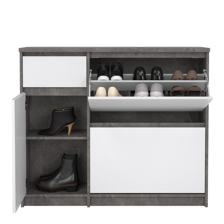 Naia Shoe Cabinet - 3 Door - 1 Drawer - Concrete and White Gloss