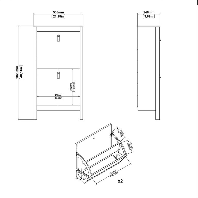 Madrid Shoe Cabinet - 2 Drawer - Door - Black
