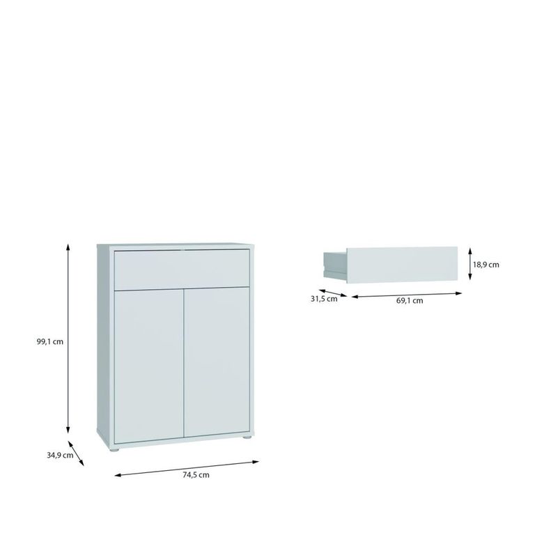 Alice Springs Shoe Cabinet - 2 Door - 1 Drawer - Compact - Light Grey