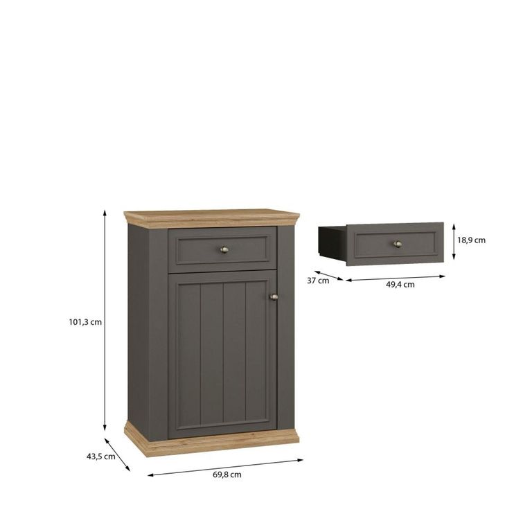 Pontypool Shoe Cabinet - 1 Door - 1 Drawer - Dark Grey and Light Oak