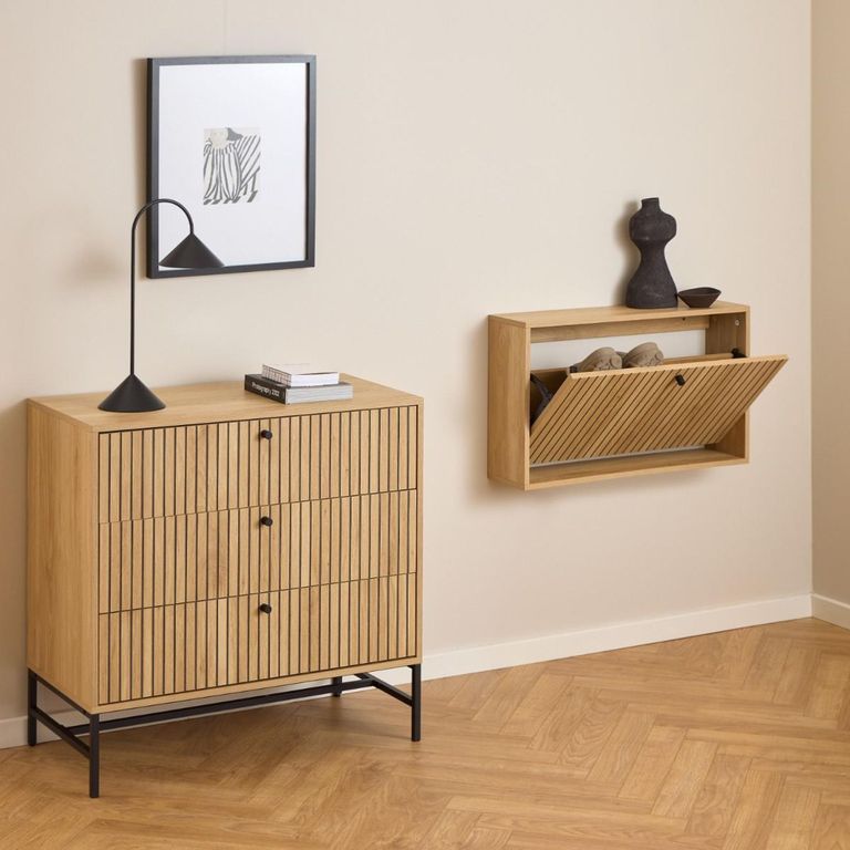Albany Oak Ribbed Flip Down Door Shoe Cabinet