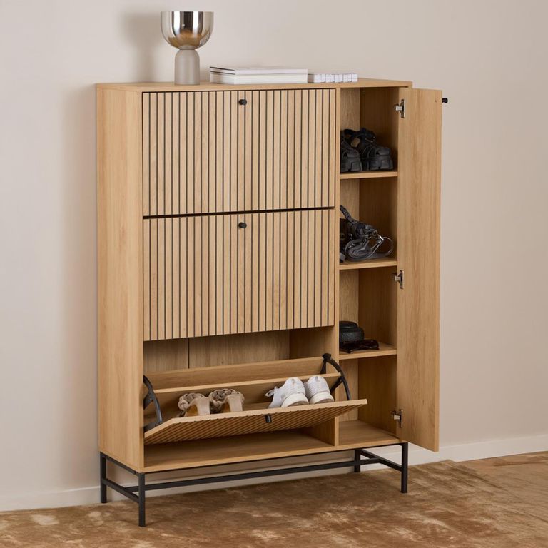 Albany Shoe Cabinet - Flip Down - 4 Door - Ribbed Oak