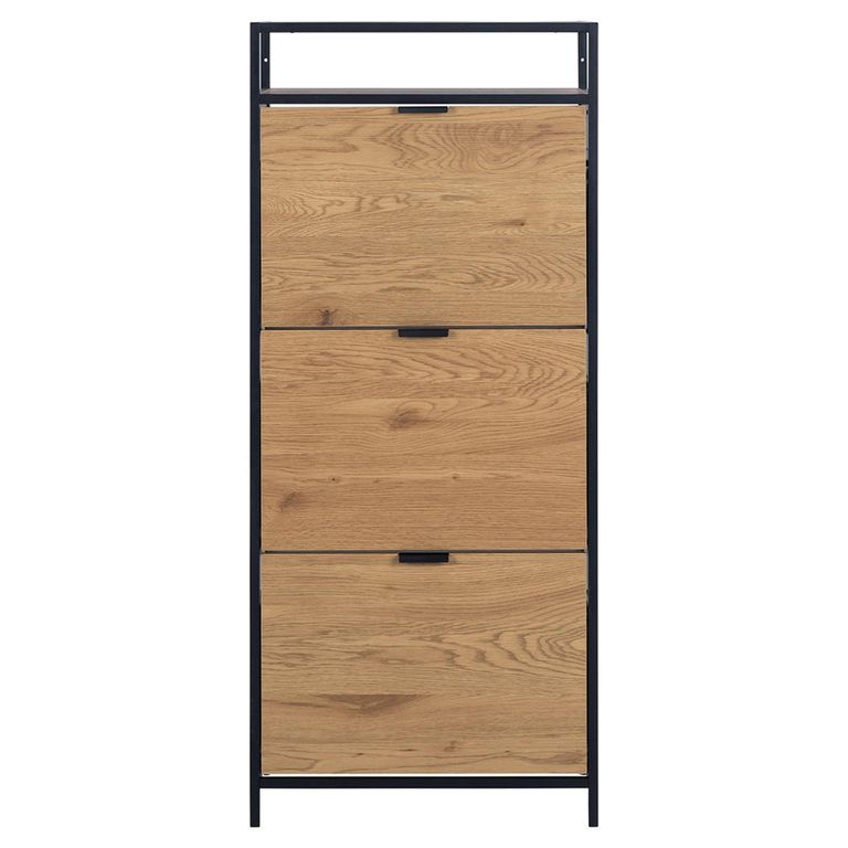 Seaford Shoe Cabinet - Flip Down - 3 Door - Oak and Black Metal
