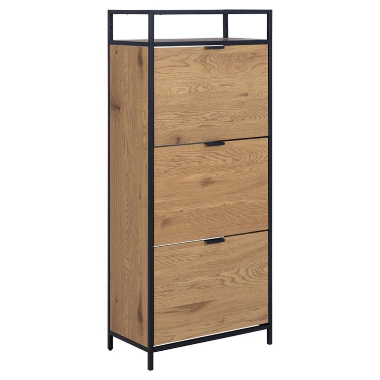 Seaford Shoe Cabinet - Flip Down - 3 Door - Oak and Black Metal