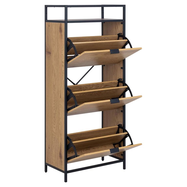 Seaford Shoe Cabinet - Flip Down - 3 Door - Oak and Black Metal