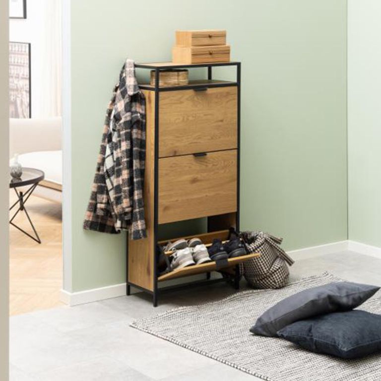 Seaford Shoe Cabinet - Flip Down - 3 Door - Oak and Black Metal