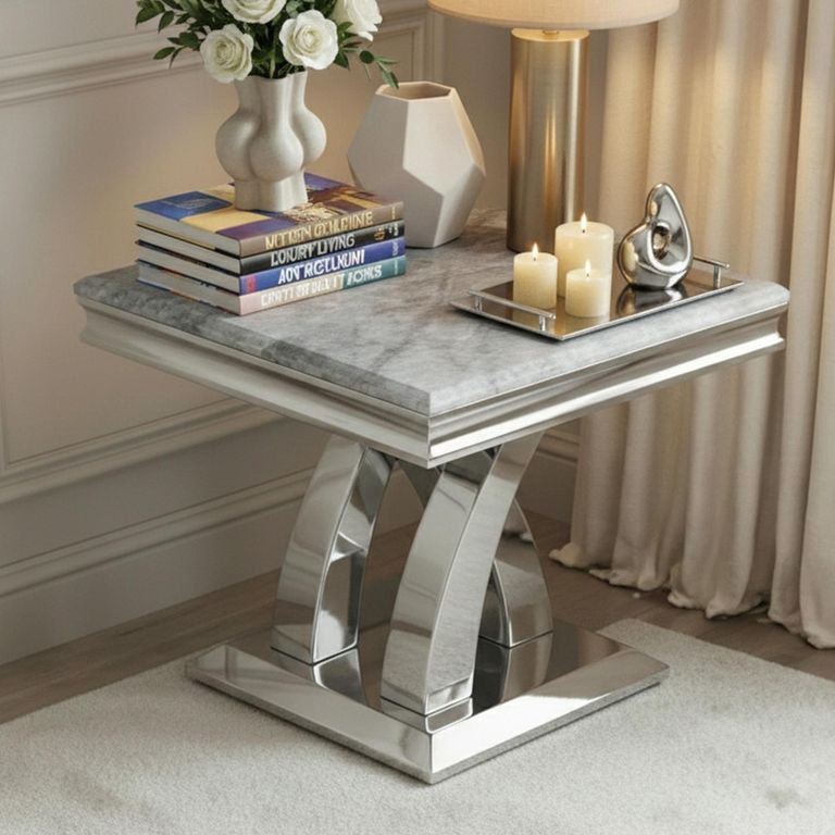 Lisbon Grey Marble and Chrome Square Lamp Table
