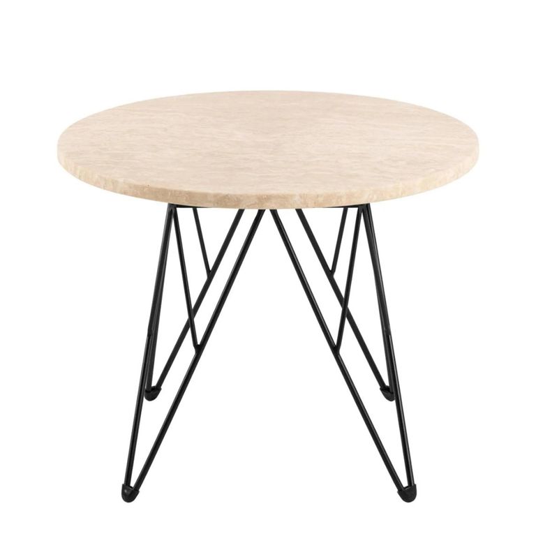 Prunus Side Table - Round - Beige Travertine Effect - with Black Hairpin Legs
