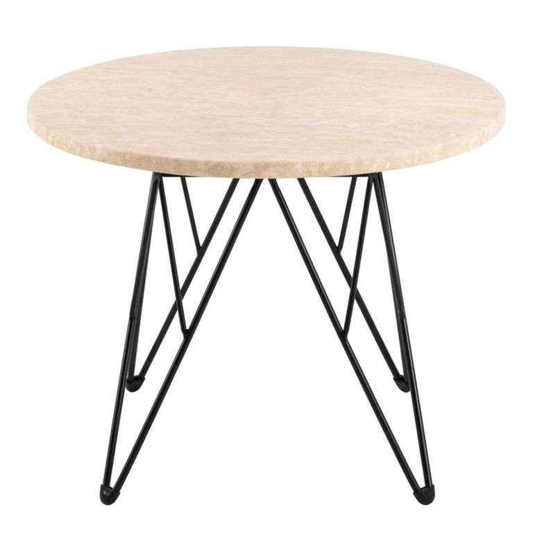 Prunus Side Table - Round - Beige Travertine Effect - with Black Hairpin Legs