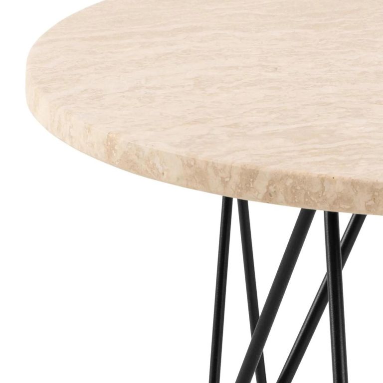 Prunus Side Table - Round - Beige Travertine Effect - with Black Hairpin Legs