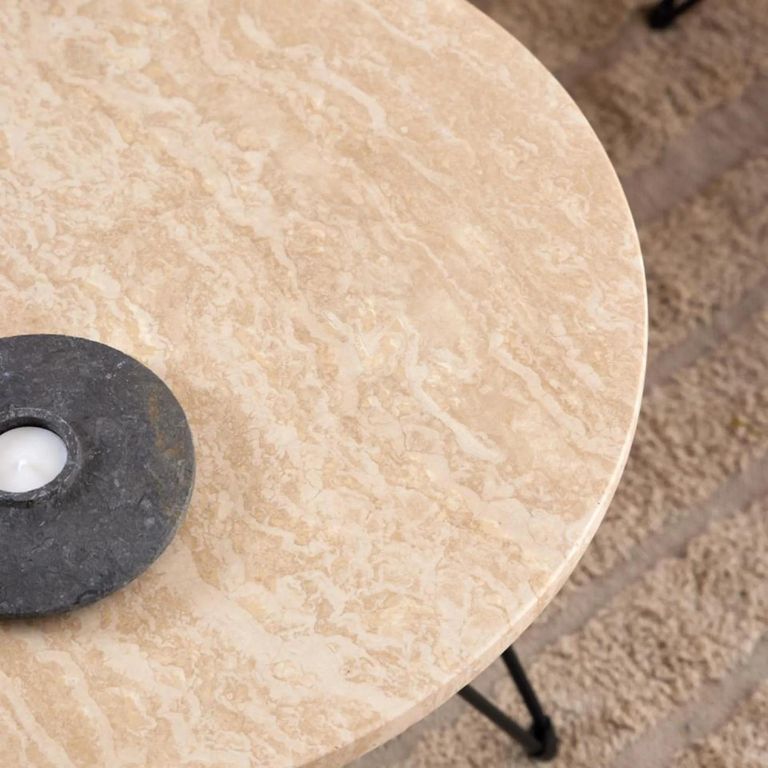 Prunus Side Table - Round - Beige Travertine Effect - with Black Hairpin Legs
