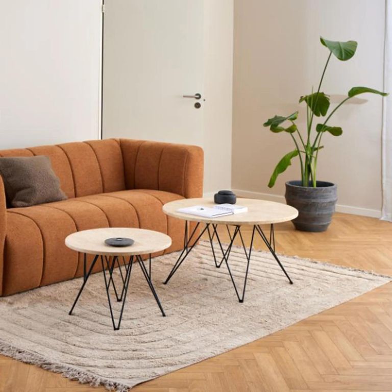 Prunus Side Table - Round - Beige Travertine Effect - with Black Hairpin Legs