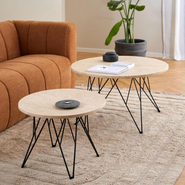 Prunus Side Table - Round - Beige Travertine Effect - with Black Hairpin Legs