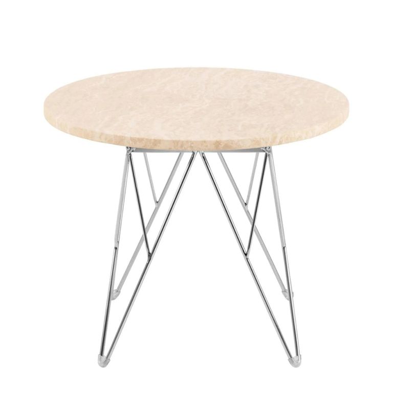 Prunus Side Table - Round - Beige Travertine Effect - with Chrome Hairpin Legs