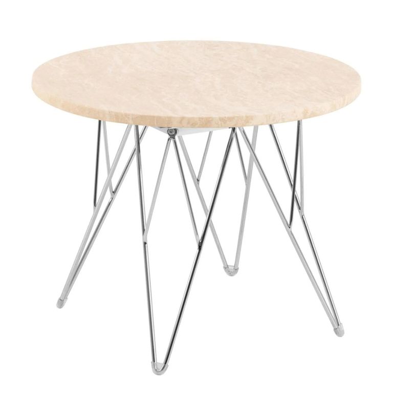 Prunus Side Table - Round - Beige Travertine Effect - with Chrome Hairpin Legs