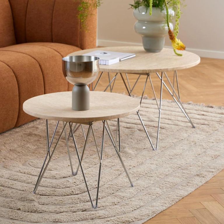 Prunus Side Table - Round - Beige Travertine Effect - with Chrome Hairpin Legs