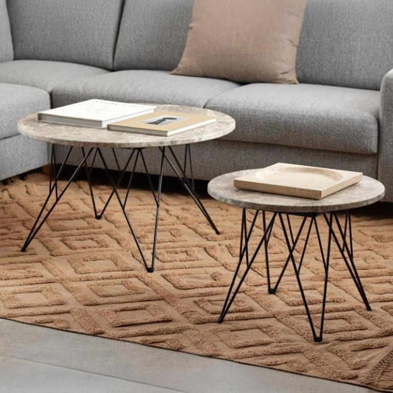 Prunus Side Table - Round - Brown Marble - with Black Hairpin Legs