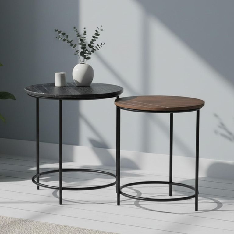 Buxton Side Table - Round - Set of 2 - Grey and Brown