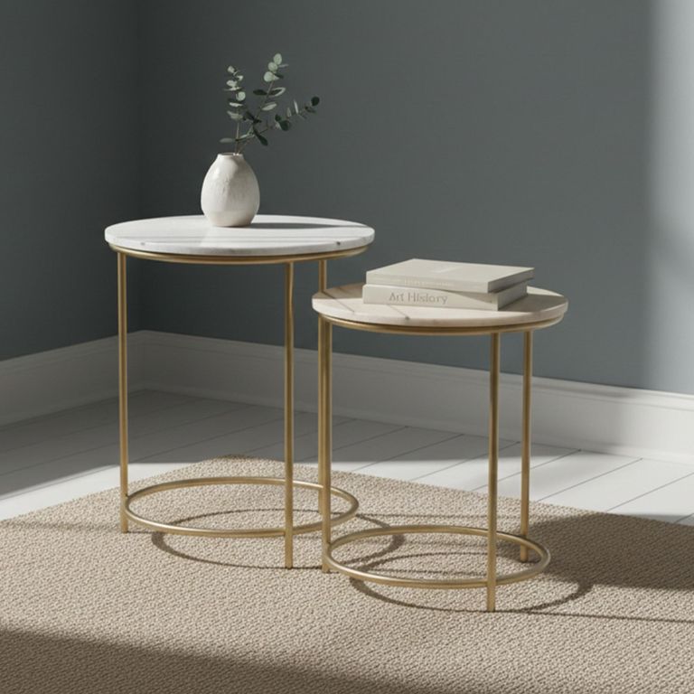 Buxton Side Table - Round - Set of 2 - White Marble and Gold