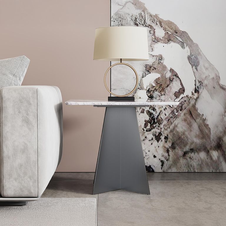 Taurus Beige Marble Square Side Table with Dark Grey Base