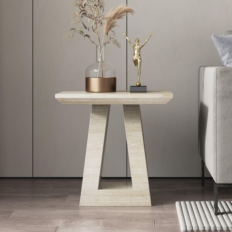 Milan Travertine Beige Engineered Marble Square Side Table