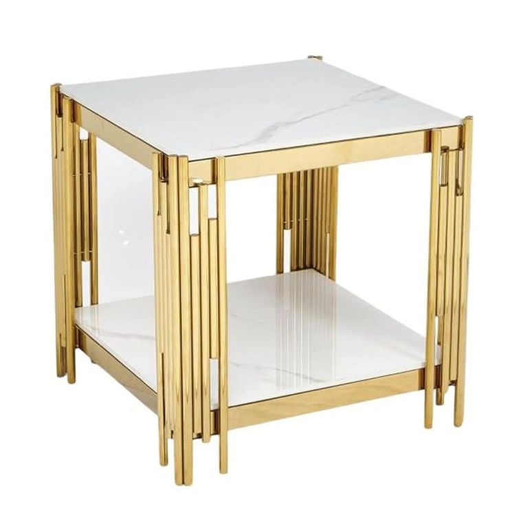 Belini End Table  White Sintered Stone and Gold