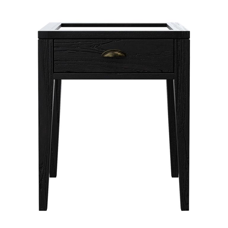 Elmhurst Square Side Table - 1 Door 1 Drawer - Black and Glass