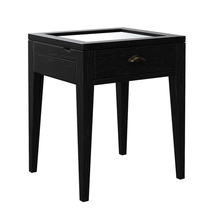 Elmhurst Square Side Table - 1 Door 1 Drawer - Black and Glass