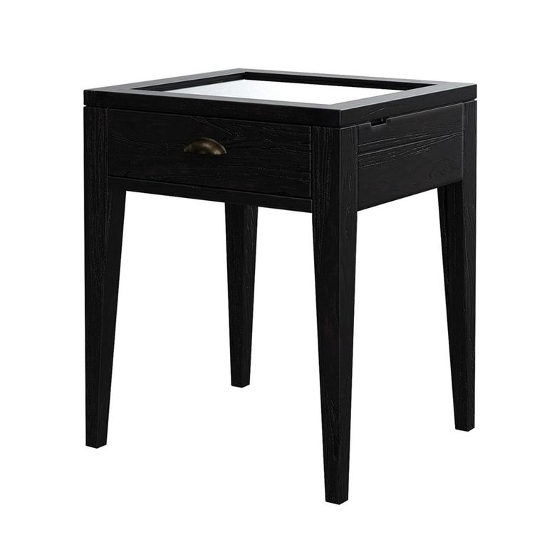 Elmhurst Square Side Table - 1 Door 1 Drawer - Black and Glass