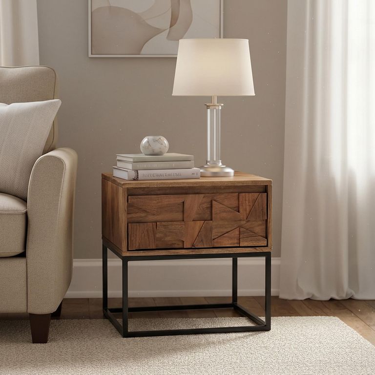Axis Acacia Wood End Table - 1 Drawer - Geometric