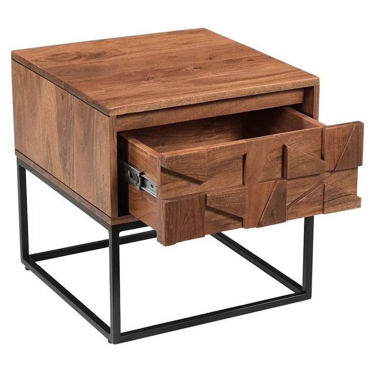 Axis Acacia Wood End Table - 1 Drawer - Geometric