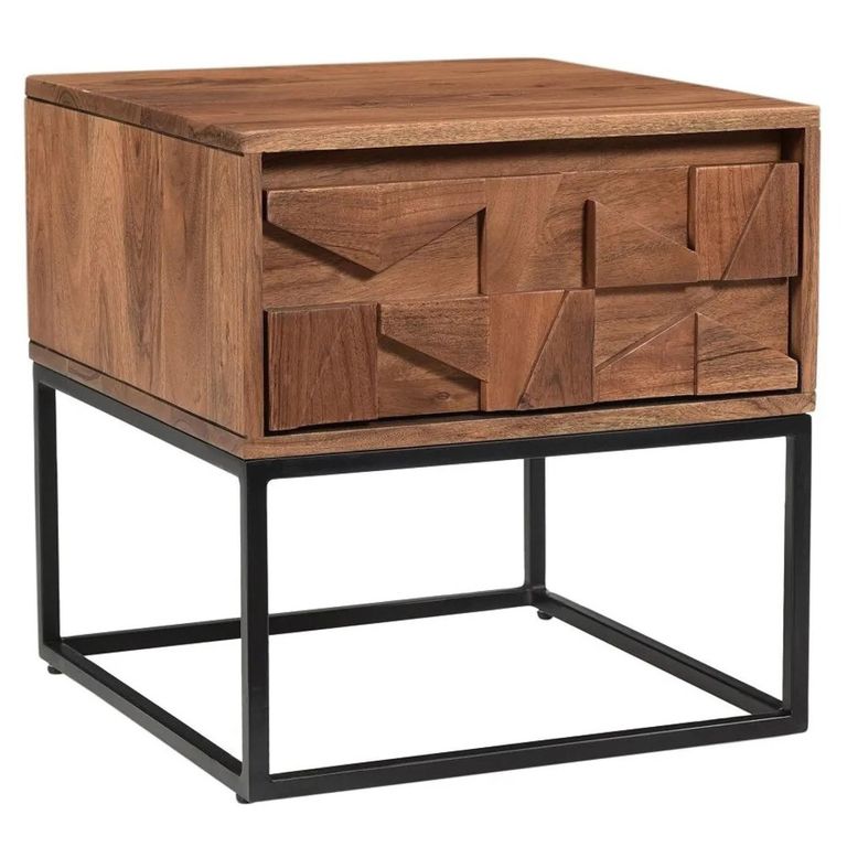 Axis Acacia Wood End Table - 1 Drawer - Geometric
