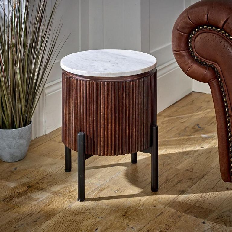 Opal Fluted Side Table - Round - White Marble Top - Mango Wood