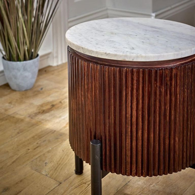Opal Fluted Side Table - Round - White Marble Top - Mango Wood