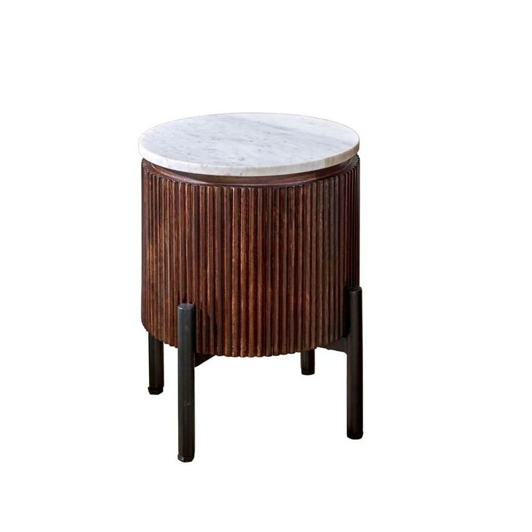 Opal Fluted Side Table - Round - White Marble Top - Mango Wood