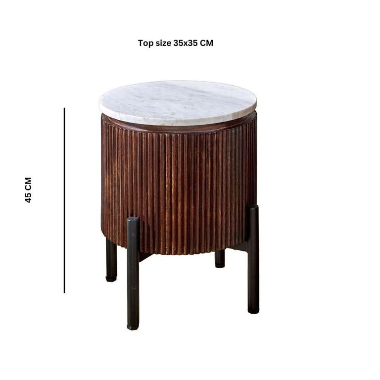 Opal Fluted Side Table - Round - White Marble Top - Mango Wood