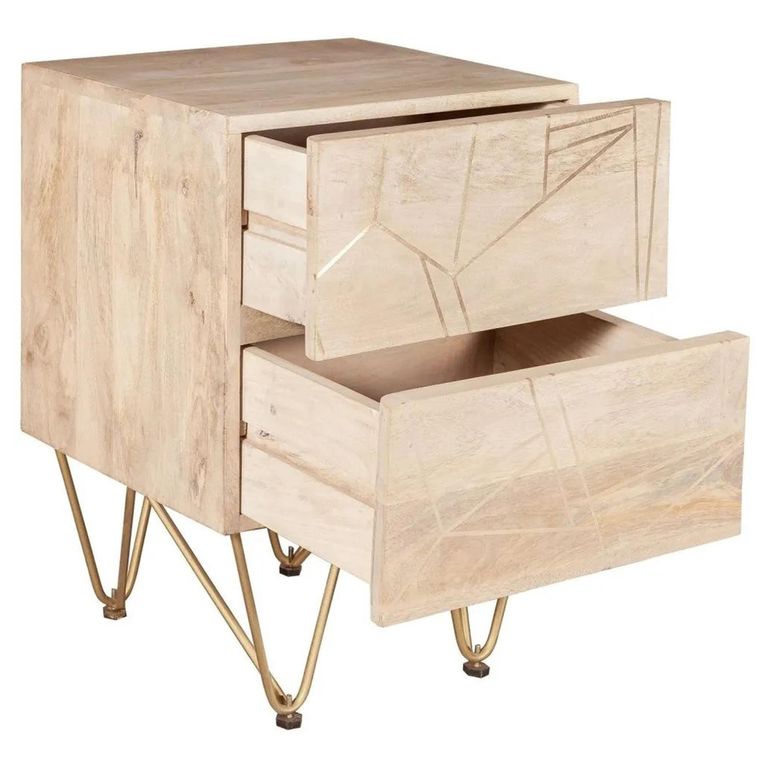 Side Table - 2 Drawer - Hairpin Legs - Gold Geometric Inlay - Light Mango Wood