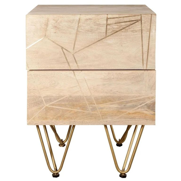Side Table - 2 Drawer - Hairpin Legs - Gold Geometric Inlay - Light Mango Wood